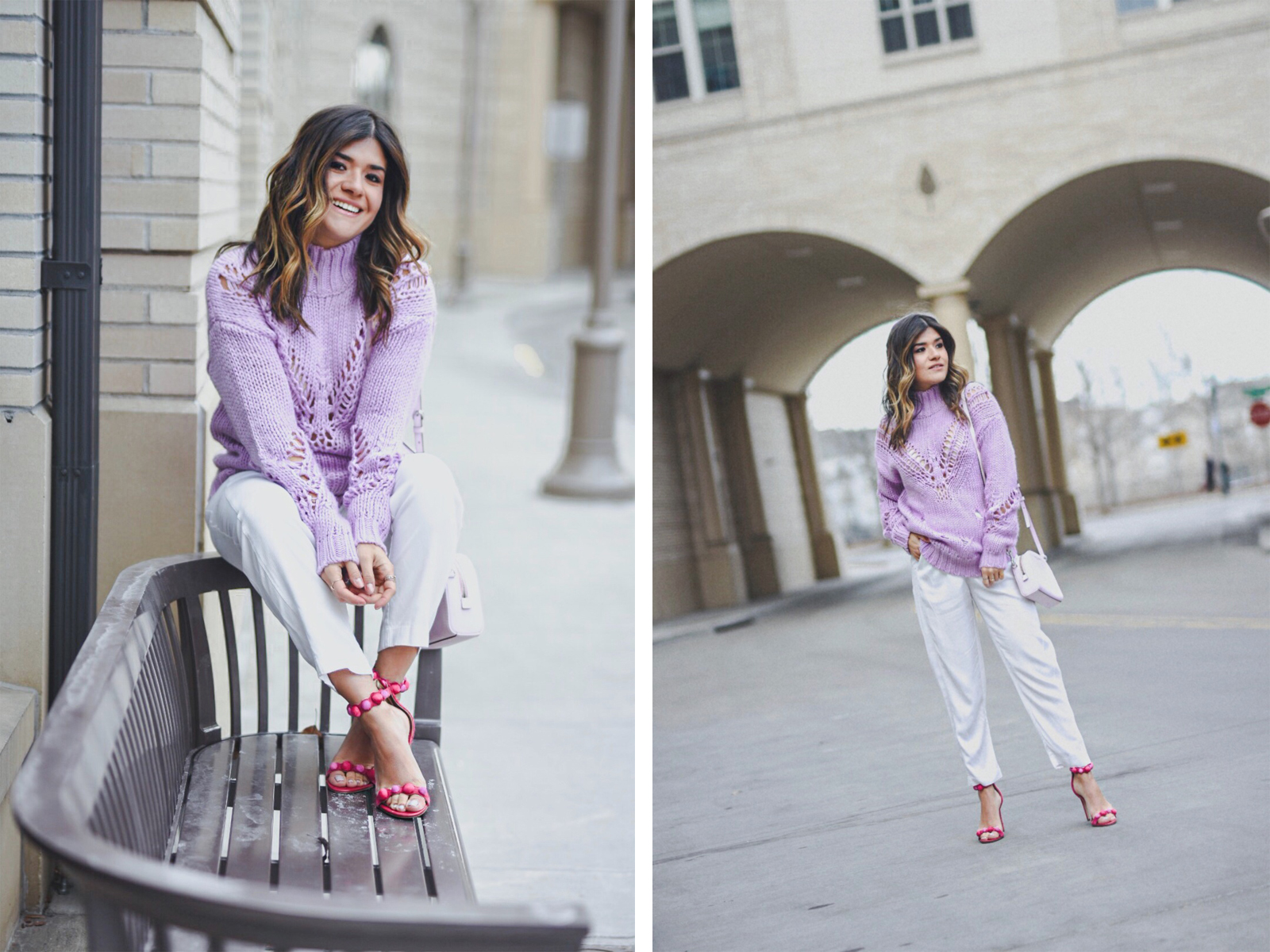 Carolina Hellal of Chic Talk wearing a lavander sweater, white pants, Sam Edelman pink high heels and baby pink Marc Jacobs bag.  - SPRING COLOR CHECKLIST: LAVENDER FEVER by popular Denver fashion blogger Chic Talk