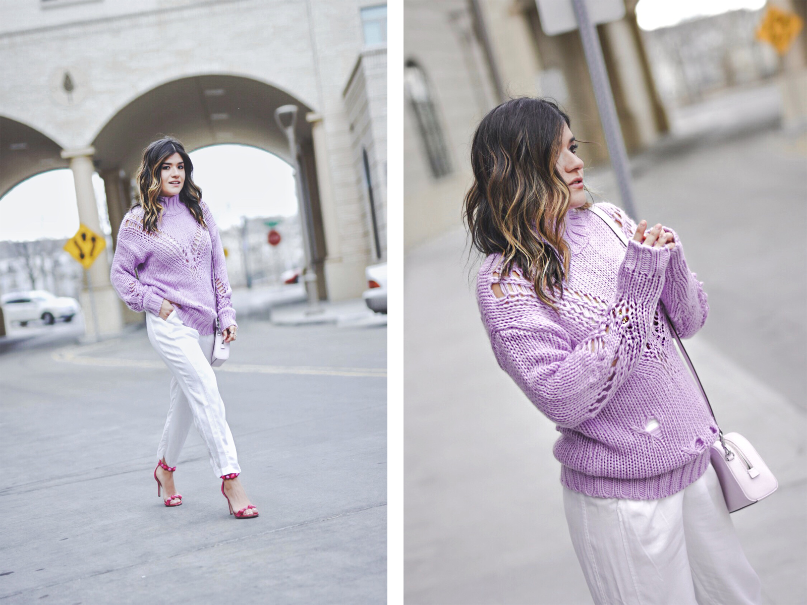 Carolina Hellal of Chic Talk wearing a lavander sweater, white pants, Sam Edelman pink high heels and baby pink Marc Jacobs bag. - SPRING COLOR CHECKLIST: LAVENDER FEVER by popular Denver fashion blogger Chic Talk