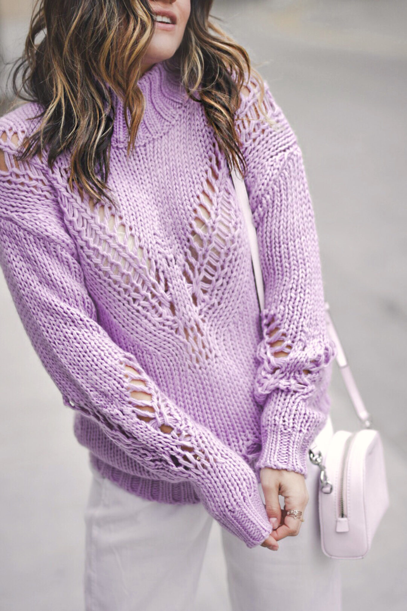 Carolina Hellal of Chic Talk wearing a lavander sweater, white pants, Sam Edelman pink high heels and baby pink Marc Jacobs bag. - SPRING COLOR CHECKLIST: LAVENDER FEVER by popular Denver fashion blogger Chic Talk