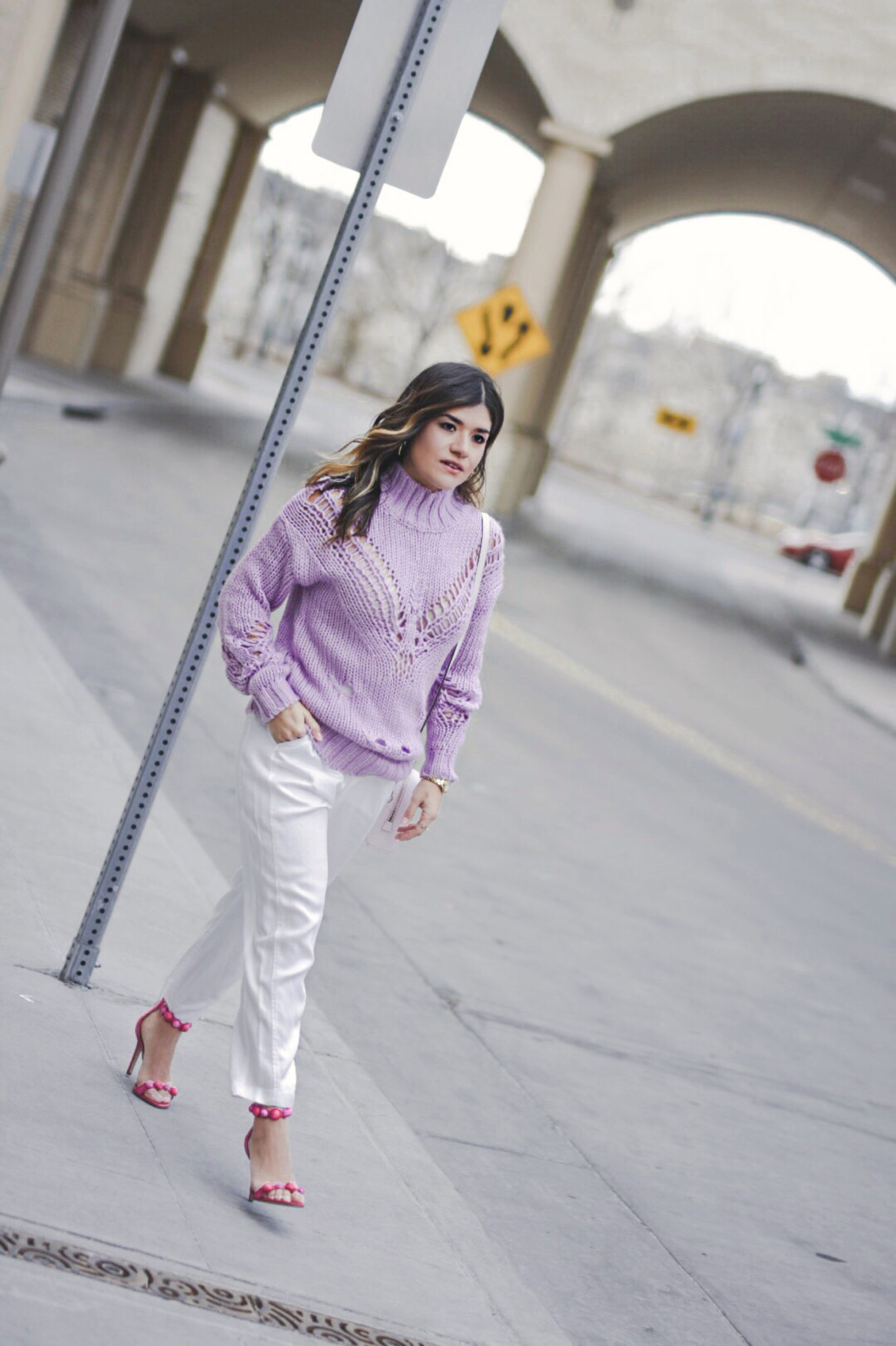 Carolina Hellal of Chic Talk wearing a lavander sweater, white pants, Sam Edelman pink high heels and baby pink Marc Jacobs bag. - SPRING COLOR CHECKLIST: LAVENDER FEVER by popular Denver fashion blogger Chic Talk