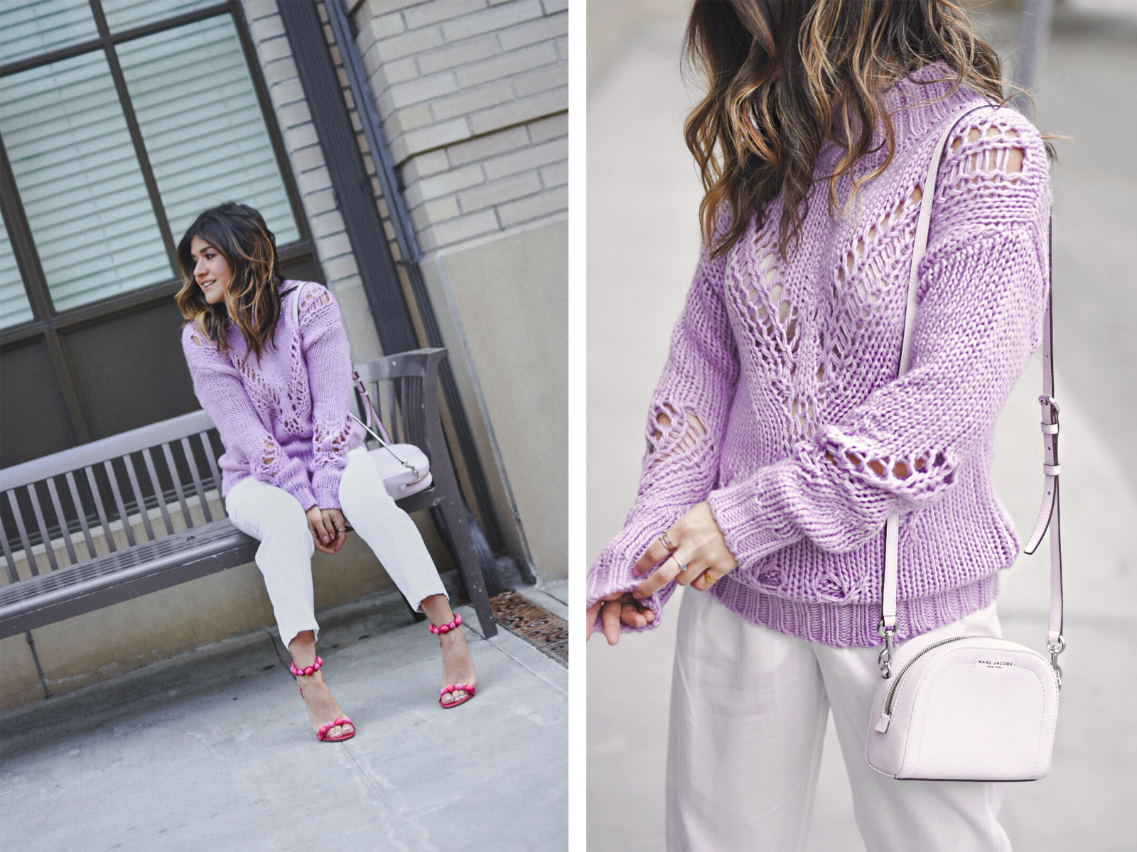 Carolina Hellal of Chic Talk wearing a lavander sweater, white pants, Sam Edelman pink high heels and baby pink Marc Jacobs bag. - SPRING COLOR CHECKLIST: LAVENDER FEVER by popular Denver fashion blogger Chic Talk 