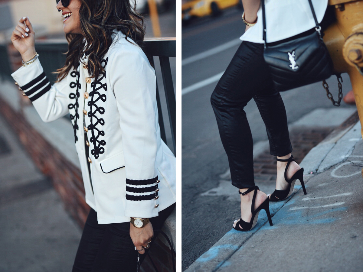 Carolina Hellal wearing a white military jacket, faux leather black tank top, YSL crossbody bag, quay sunglasses and Sam Edelman sandals - STYLING A WHITE MILITARY JACKET by popular Denver fashion blogger Chic Talk