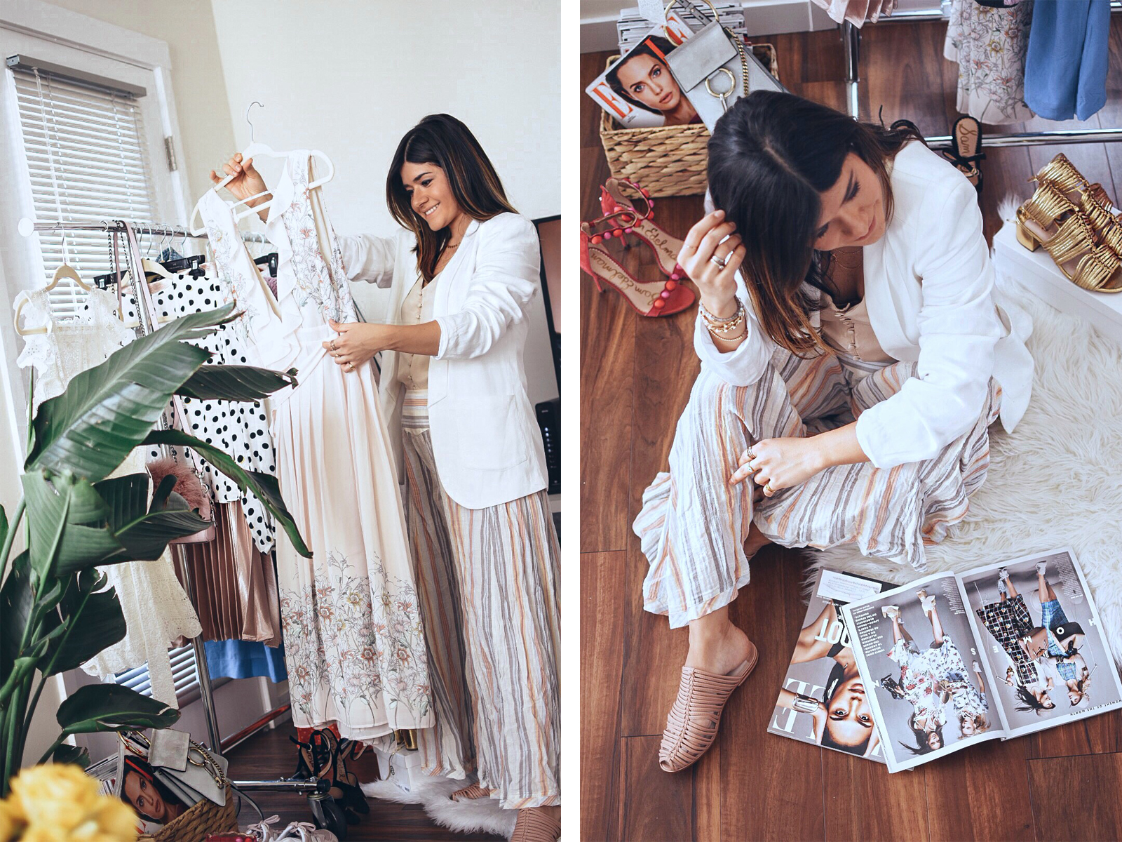 Carolina Hellal of Chic Talk highlighting spring trends 2018 while wearing free people pants, Thacker white blazer, Cecelia New York blush mules. - SPRING TRENDS 2018 by popular Denver fashion blogger Chic Talk