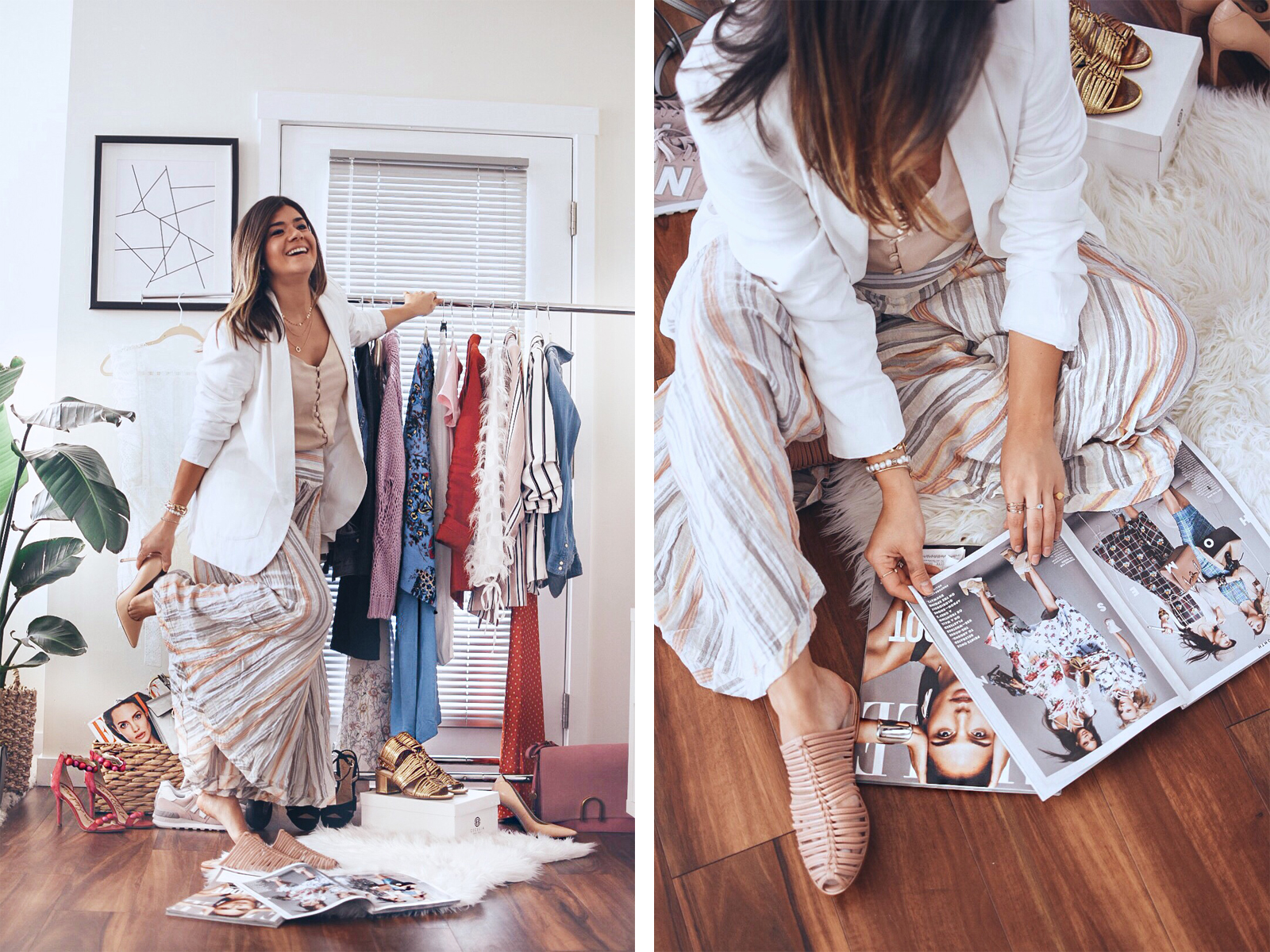 Carolina Hellal of Chic Talk highlighting spring trends 2018 while wearing free people pants, Thacker white blazer, Cecelia New York blush mules. - SPRING TRENDS 2018 by popular Denver fashion blogger Chic Talk