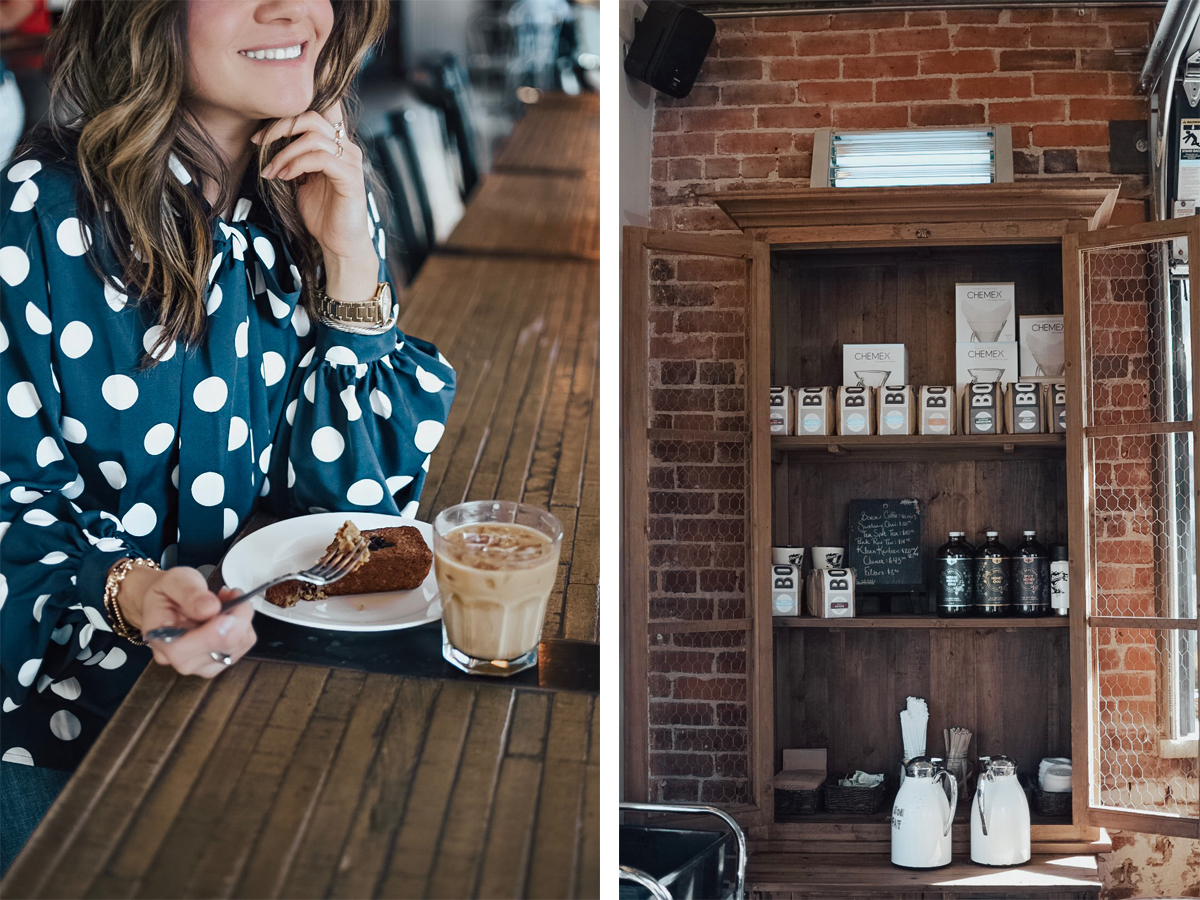 Carolina Hellal from Chic Talk wearing a polka dot blouse and jeans while enjoying an iced-coffee at Steam Espresso Bar - STEAM ESPRESSO BAR DENVER by popular Denver blogger Chic Talk