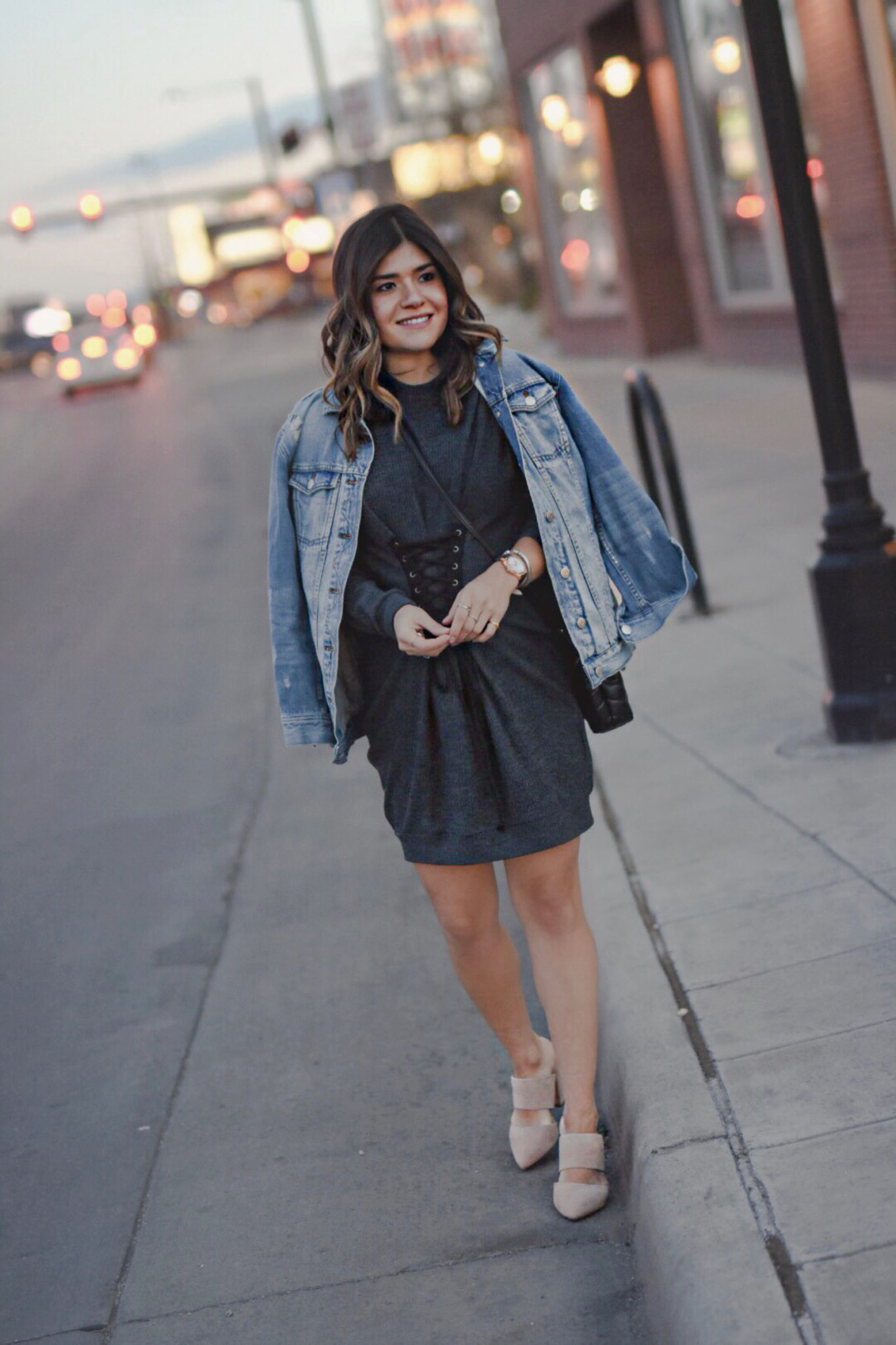 Carolina Hellal of Chic Talk wearing a sweater dress via Nordstrom, Madewell denim jacket, NA-KD nude mules, YSL crossbody bag - TRANSITIONAL STYLE by popular Denver fashion blogger Chic Talk.