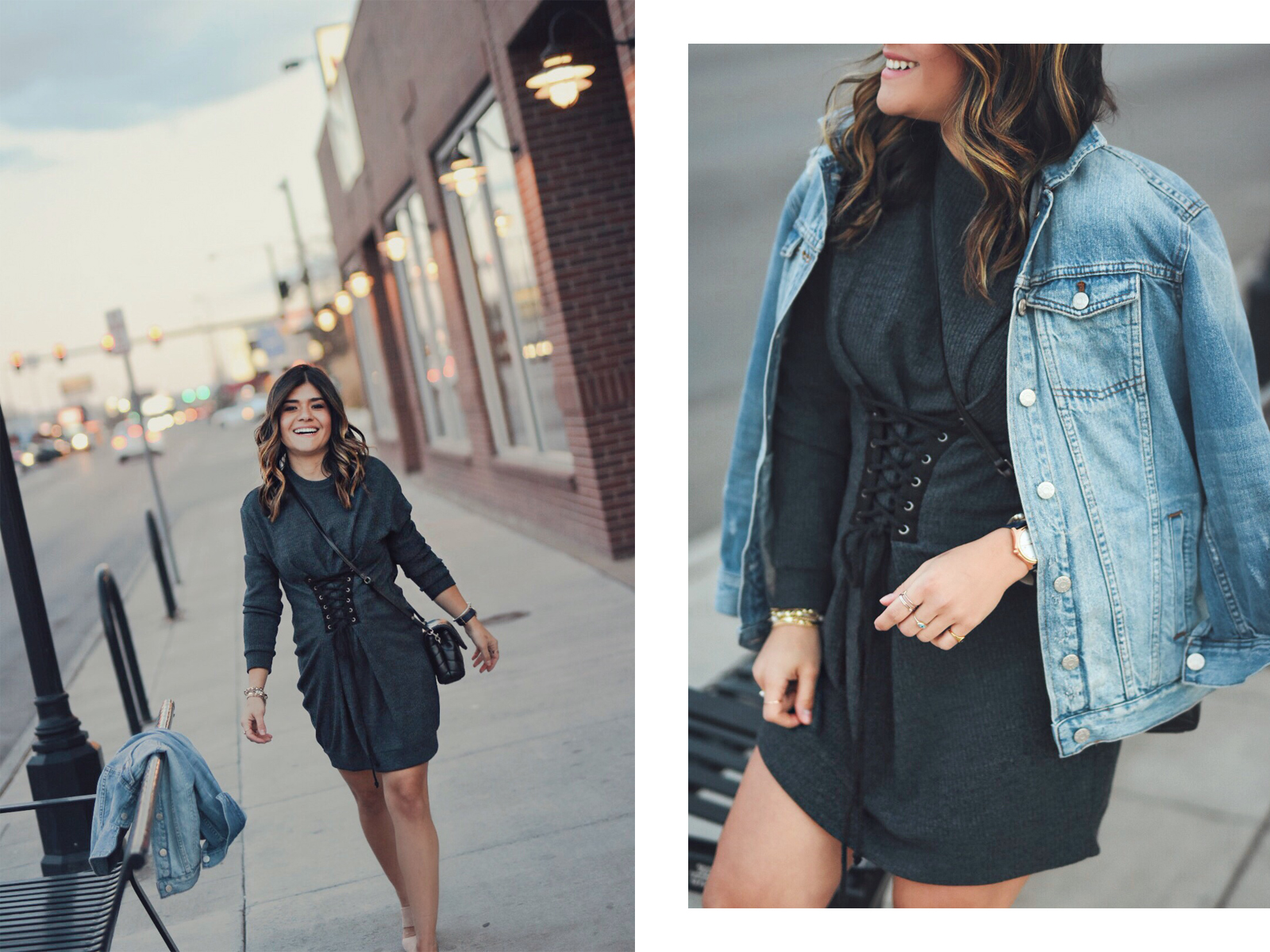 Carolina Hellal of Chic Talk wearing a sweater dress via Nordstrom, Madewell denim jacket, NA-KD nude mules, YSL crossbody bag - TRANSITIONAL STYLE by popular Denver fashion blogger Chic Talk.