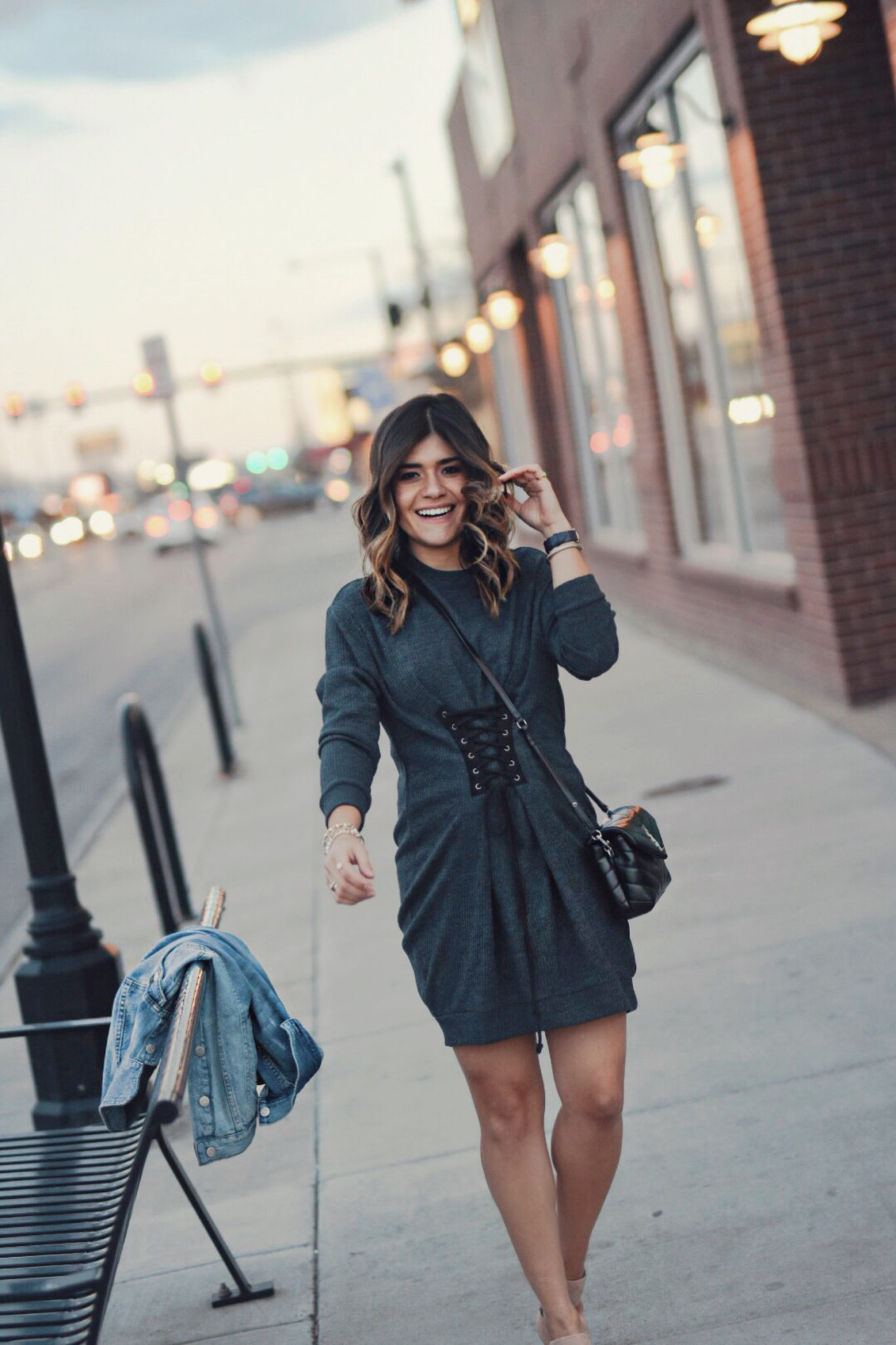 Carolina Hellal of Chic Talk wearing a sweater dress via Nordstrom, Madewell denim jacket, NA-KD nude mules, YSL crossbody bag - TRANSITIONAL STYLE by popular Denver fashion blogger Chic Talk.