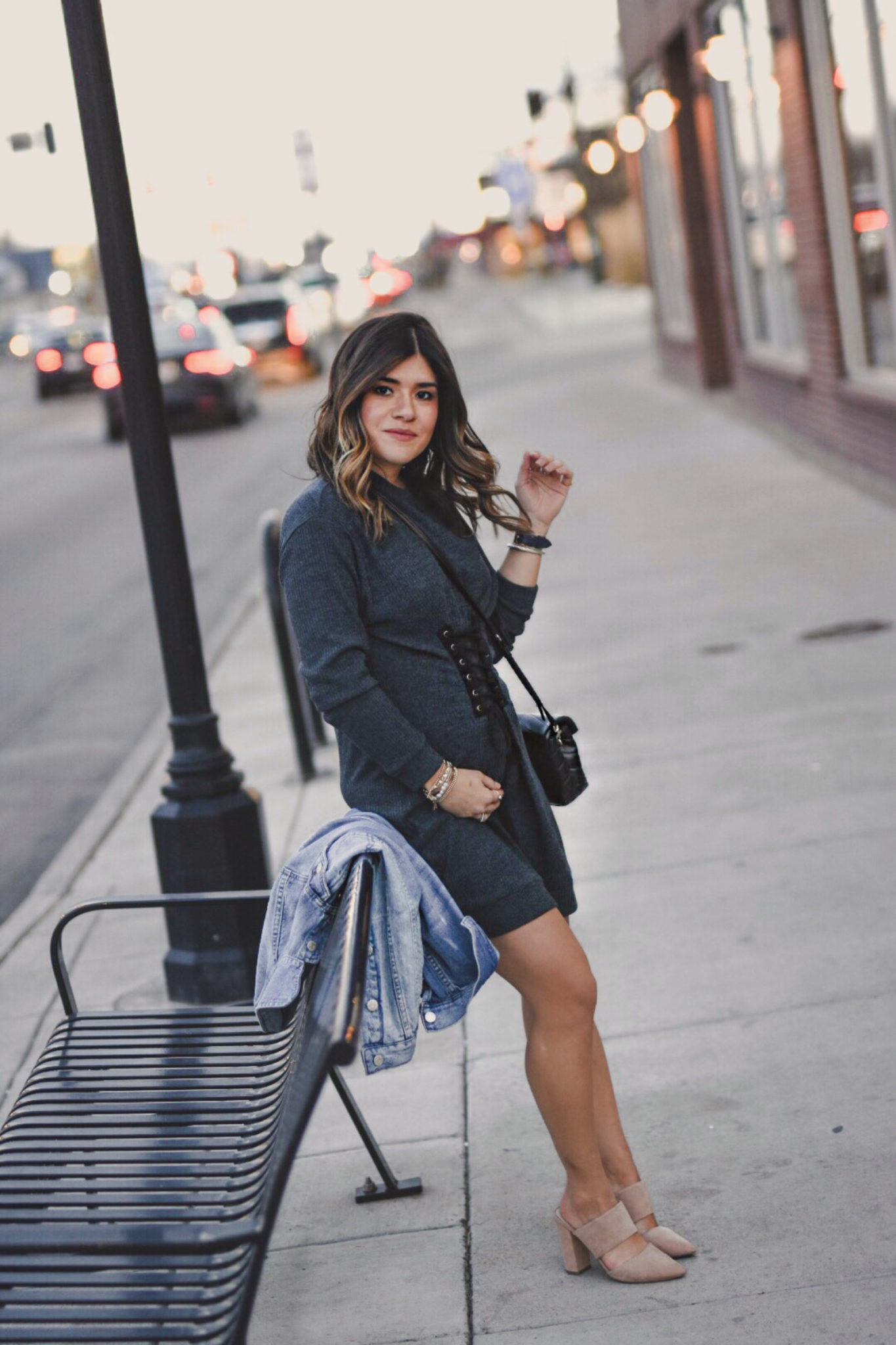 Carolina Hellal of Chic Talk wearing a sweater dress via Nordstrom, Madewell denim jacket, NA-KD nude mules, YSL crossbody bag - TRANSITIONAL STYLE by popular Denver fashion blogger Chic Talk.