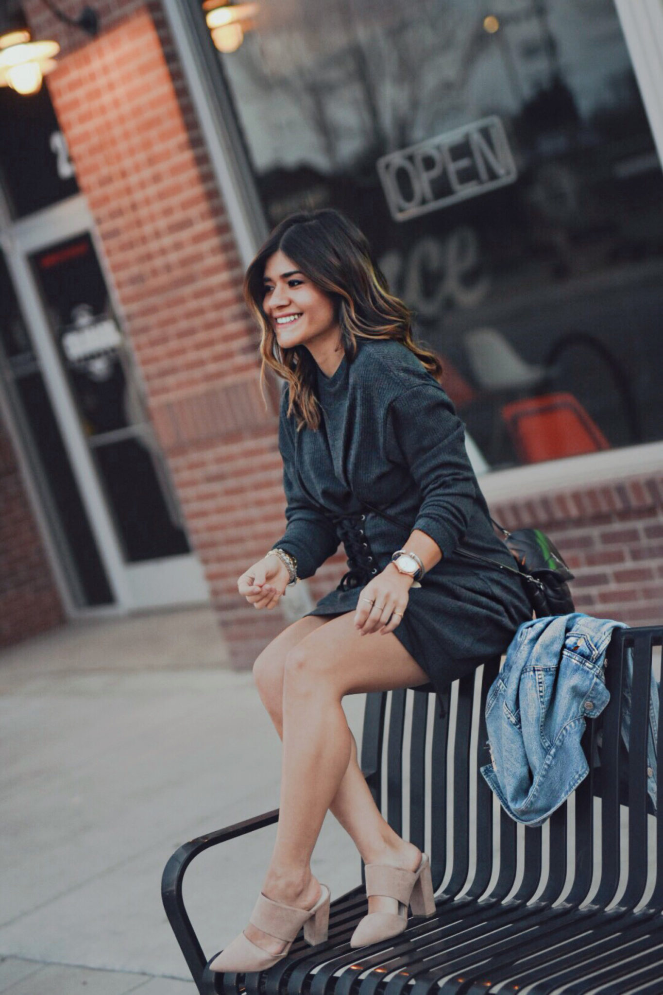 Carolina Hellal of Chic Talk wearing a sweater dress via Nordstrom, Madewell denim jacket, NA-KD nude mules, YSL crossbody bag - TRANSITIONAL STYLE by popular Denver fashion blogger Chic Talk.