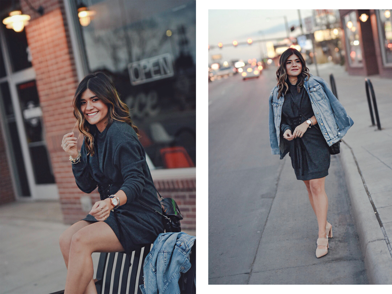 Carolina Hellal of Chic Talk wearing a sweater dress via Nordstrom, Madewell denim jacket, NA-KD nude mules, YSL crossbody bag - TRANSITIONAL STYLE by popular Denver fashion blogger Chic Talk.