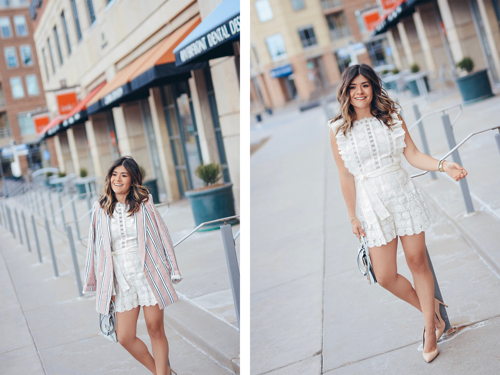 Carolina Hellal wearing a Zimmerman white romper, free people blazer, Sam Edelman nude pumps and Chloe bag