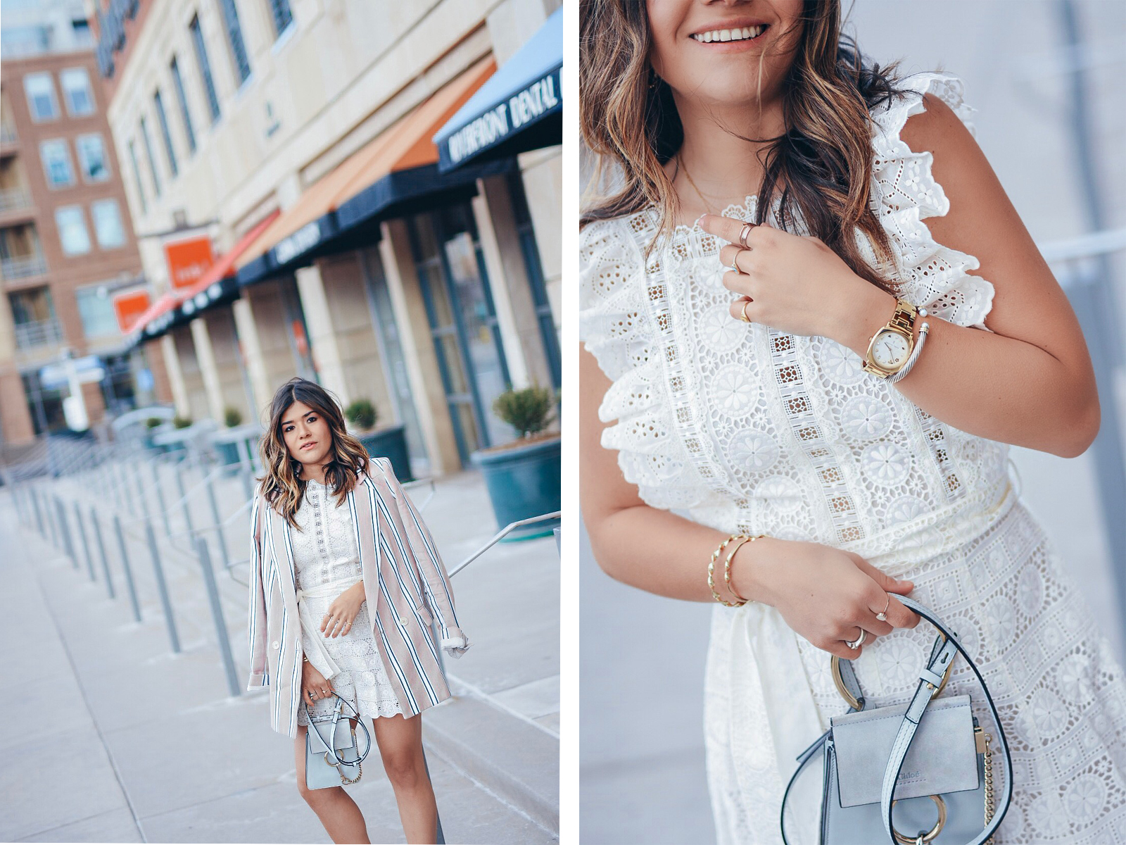 Carolina Hellal wearing a Zimmerman white romper, free people blazer, Sam Edelman nude pumps and Chloe bag