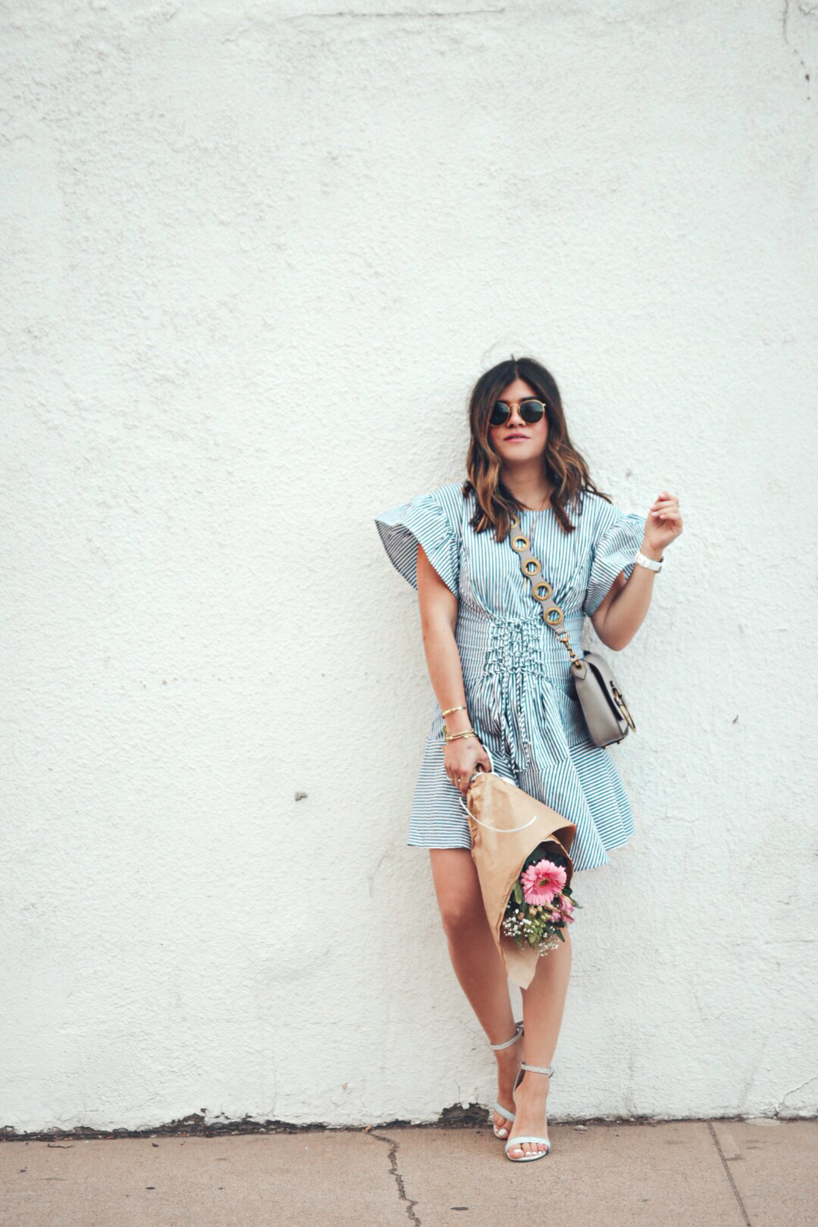 Carolina Hellal of Chic Talk wearing a spring striped dress via WAYPR, Rebecca Minkoff bag, Rayban sunglasses and Chinese Laundry sandals - SPRING STRIPED DRESSES TO SHOP RIGHT NOW by popular Philadelphia style blogger Chic Talk