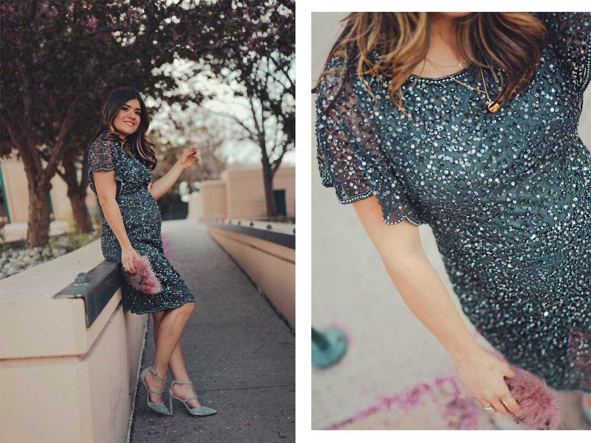 Carolina Hellal of Chic Talk wearing an Adrianna Papell beaded cocktail dress, Nine west grey shoes and topshop feather bag - ADRIANNA PAPELL DRESS styled by popular Denver fashion blogger, Chic Talk