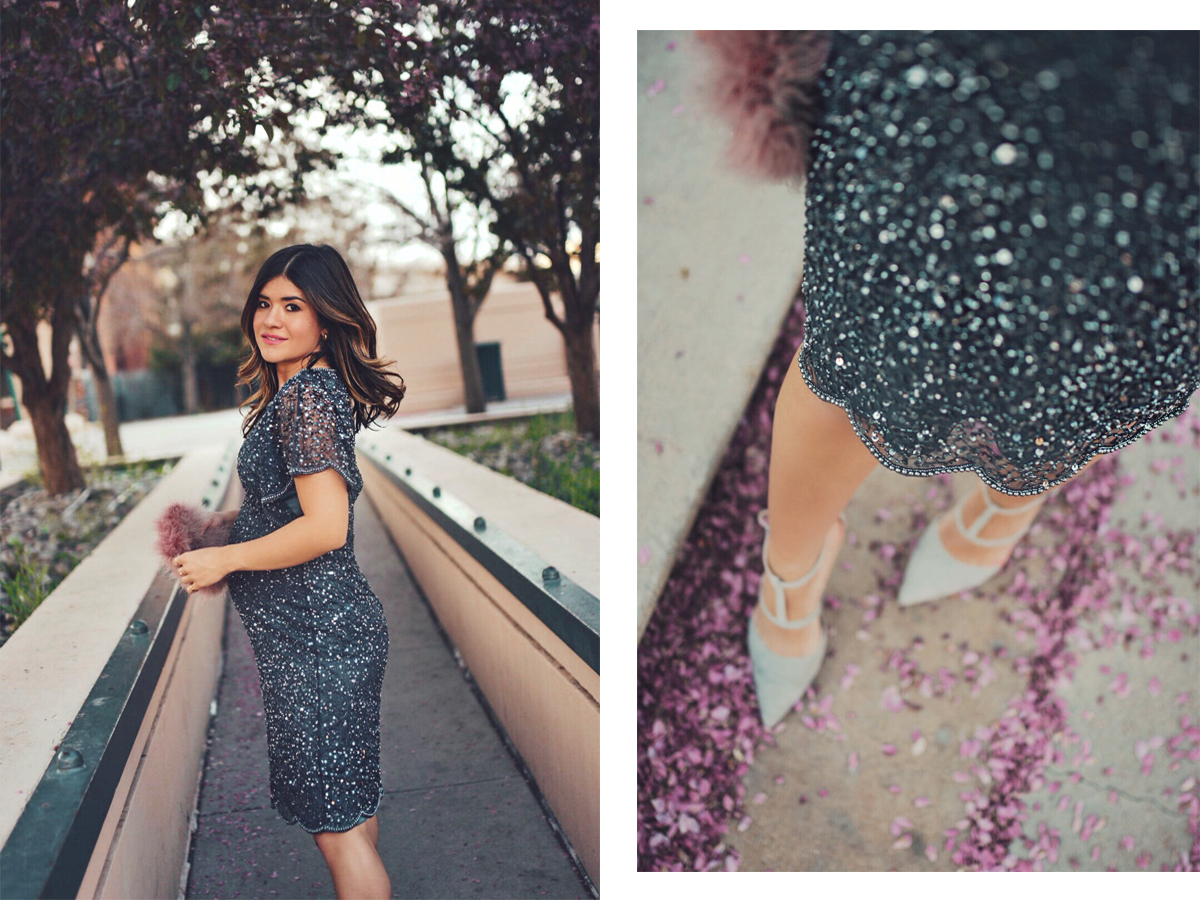 Carolina Hellal of Chic Talk wearing an Adrianna Papell beaded cocktail dress, Nine west grey shoes and topshop feather bag - ADRIANNA PAPELL DRESS styled by popular Denver fashion blogger, Chic Talk