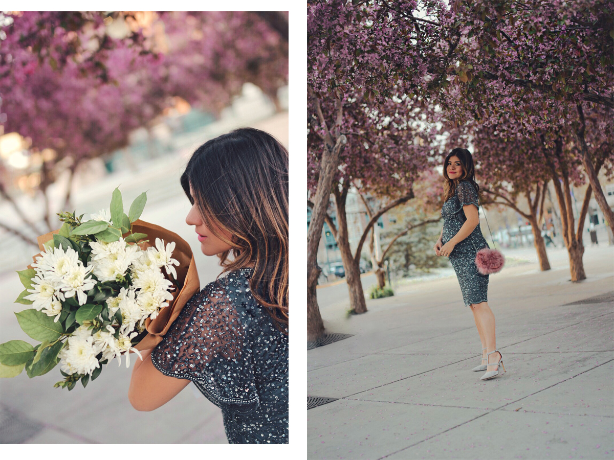 Carolina Hellal of Chic Talk wearing an Adrianna Papell beaded cocktail dress, Nine west grey shoes and topshop feather bag - ADRIANNA PAPELL DRESS styled by popular Denver fashion blogger, Chic Talk