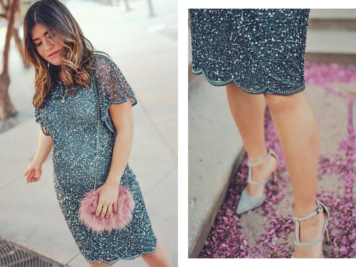 Carolina Hellal of Chic Talk wearing an Adrianna Papell beaded cocktail dress, Nine west grey shoes and topshop feather bag - ADRIANNA PAPELL DRESS styled by popular Denver fashion blogger, Chic Talk