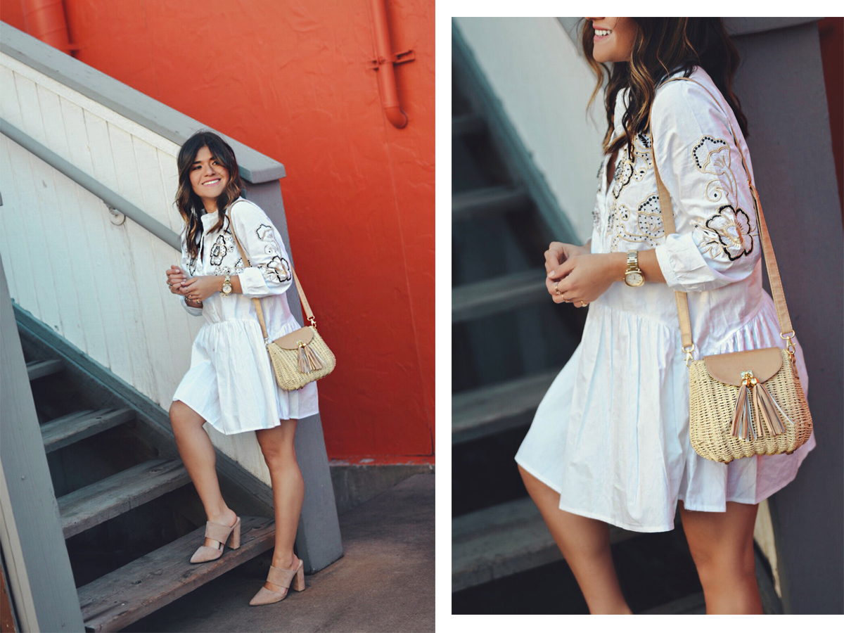 Carolina Hellal of Chic Talk wearing a Chicwish babydoll dress, Woven bag and Nude mules - BABYDOLL DRESS styled by popular Denver fashion blogger, Chic Talk