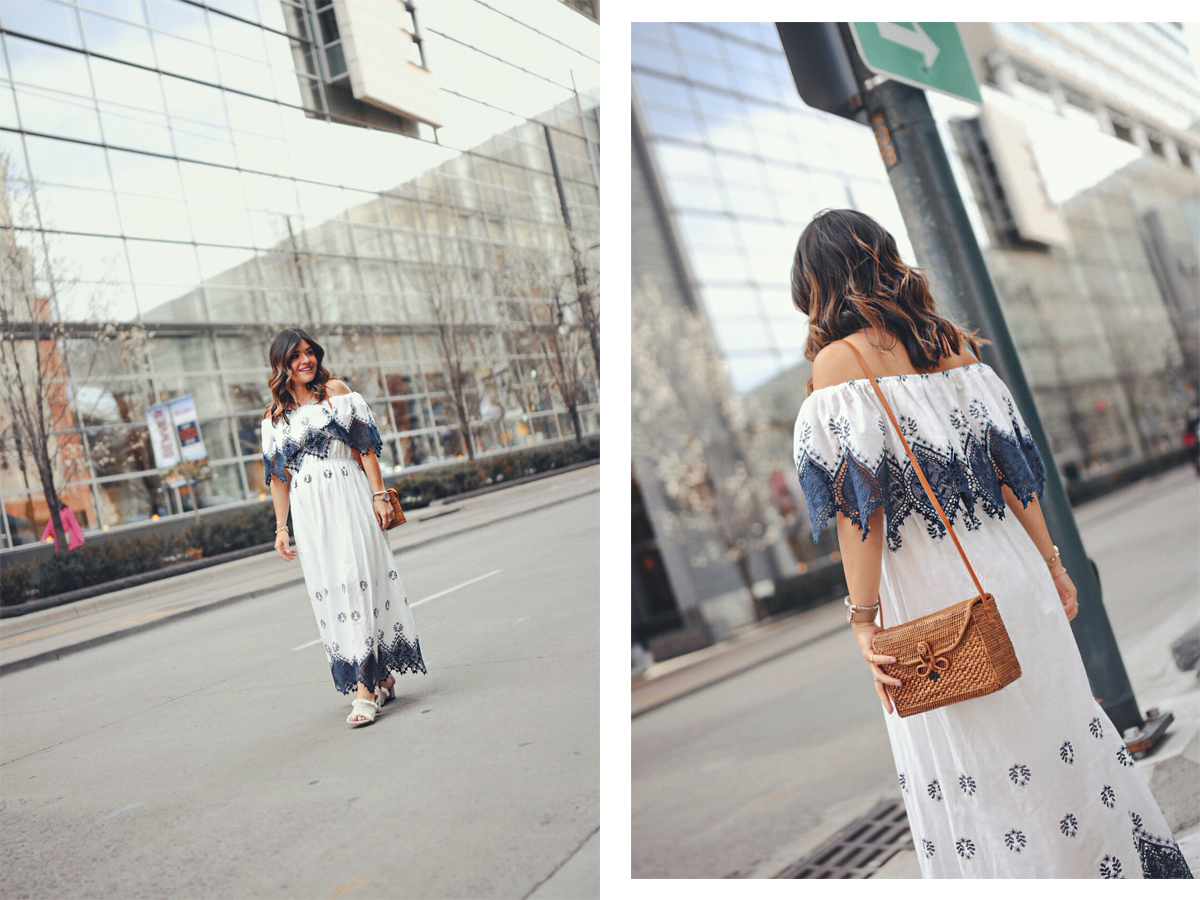 Carolina Hellal wearing a Chicwish maxi dress, woven bag and beige slides - STATEMENT DRESSES featured by popular Denver fashion blogger, Chic Talk