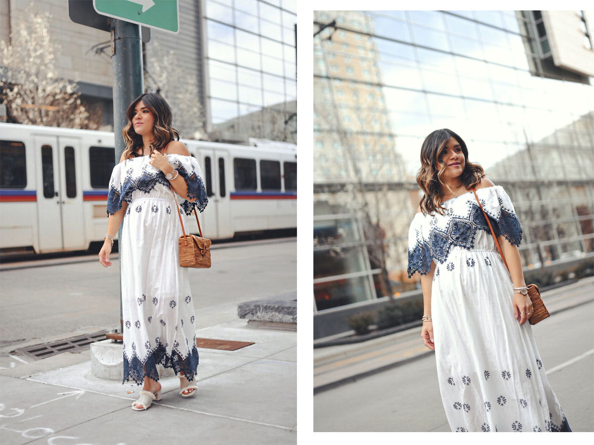 Carolina Hellal wearing a Chicwish maxi dress, woven bag and beige slides - STATEMENT DRESSES featured by popular Denver fashion blogger, Chic Talk