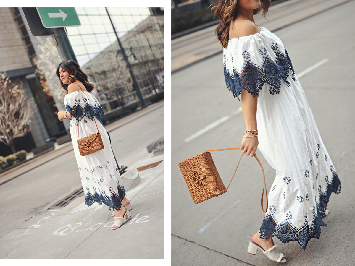Carolina Hellal wearing a Chicwish maxi dress, woven bag and beige slides - STATEMENT DRESSES featured by popular Denver fashion blogger, Chic Talk