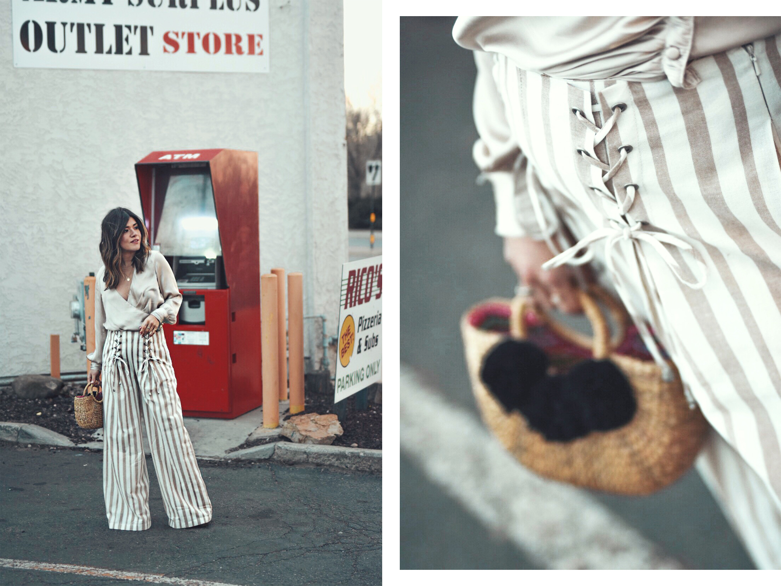 Carolina Hellal wears the Chriselle Lim x J.O.A wide leg pants, h&m silk top and JADEtribe mini pom pom bag - STYLING WIDE LEG PANTS FOR SPRING by popular Denver fashion blogger Chic Talk