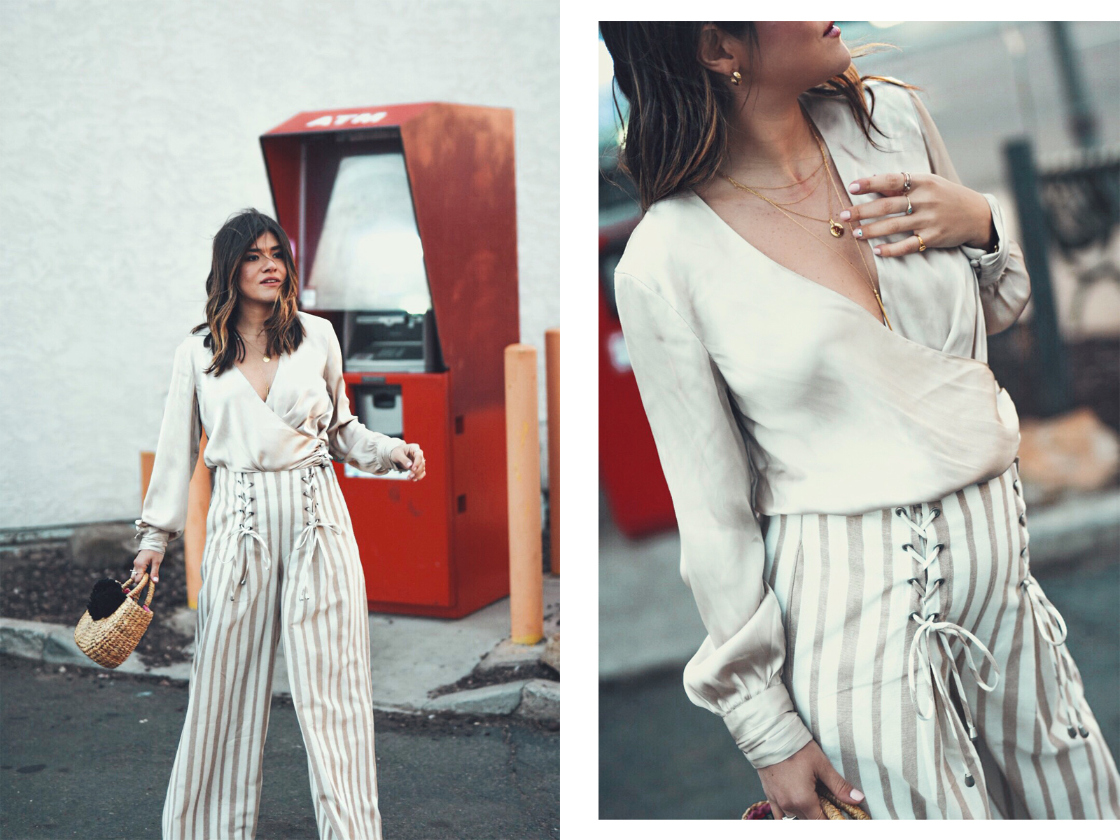 Carolina Hellal wears the Chriselle Lim x J.O.A wide leg pants, h&m silk top and JADEtribe mini pom pom bag - STYLING WIDE LEG PANTS FOR SPRING by popular Denver fashion blogger Chic Talk