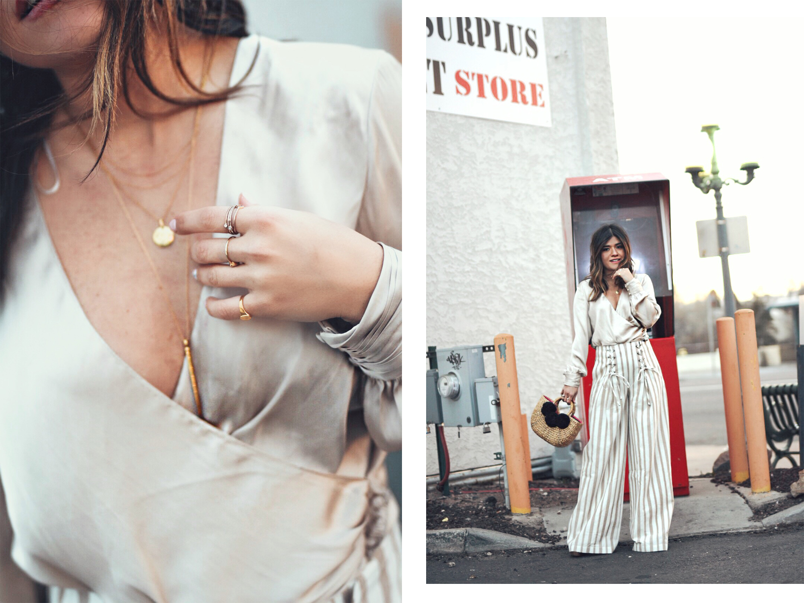 Carolina Hellal wears the Chriselle Lim x J.O.A wide leg pants, h&m silk top and JADEtribe mini pom pom bag - STYLING WIDE LEG PANTS FOR SPRING by popular Denver fashion blogger Chic Talk