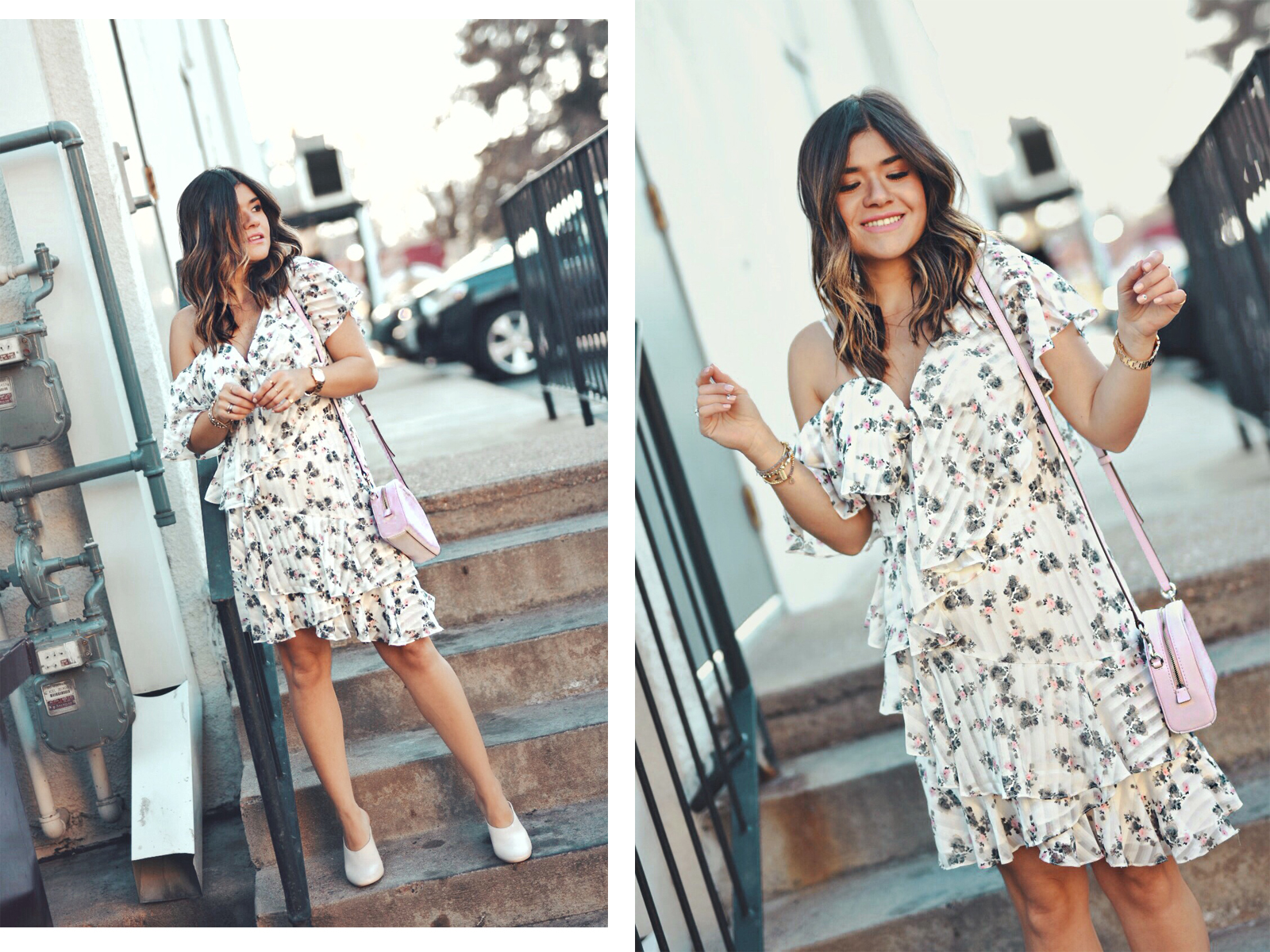Carolina Hellal of Chic Talk sytling a floral dress via Nordstrom, Dolce Vita white mules, baby pink Marc Jacobs bag and watch and Bauble Bar gold necklace. - THE FLIRTY FLORAL DRESS styled by Denver fashion blogger Chic Talk
