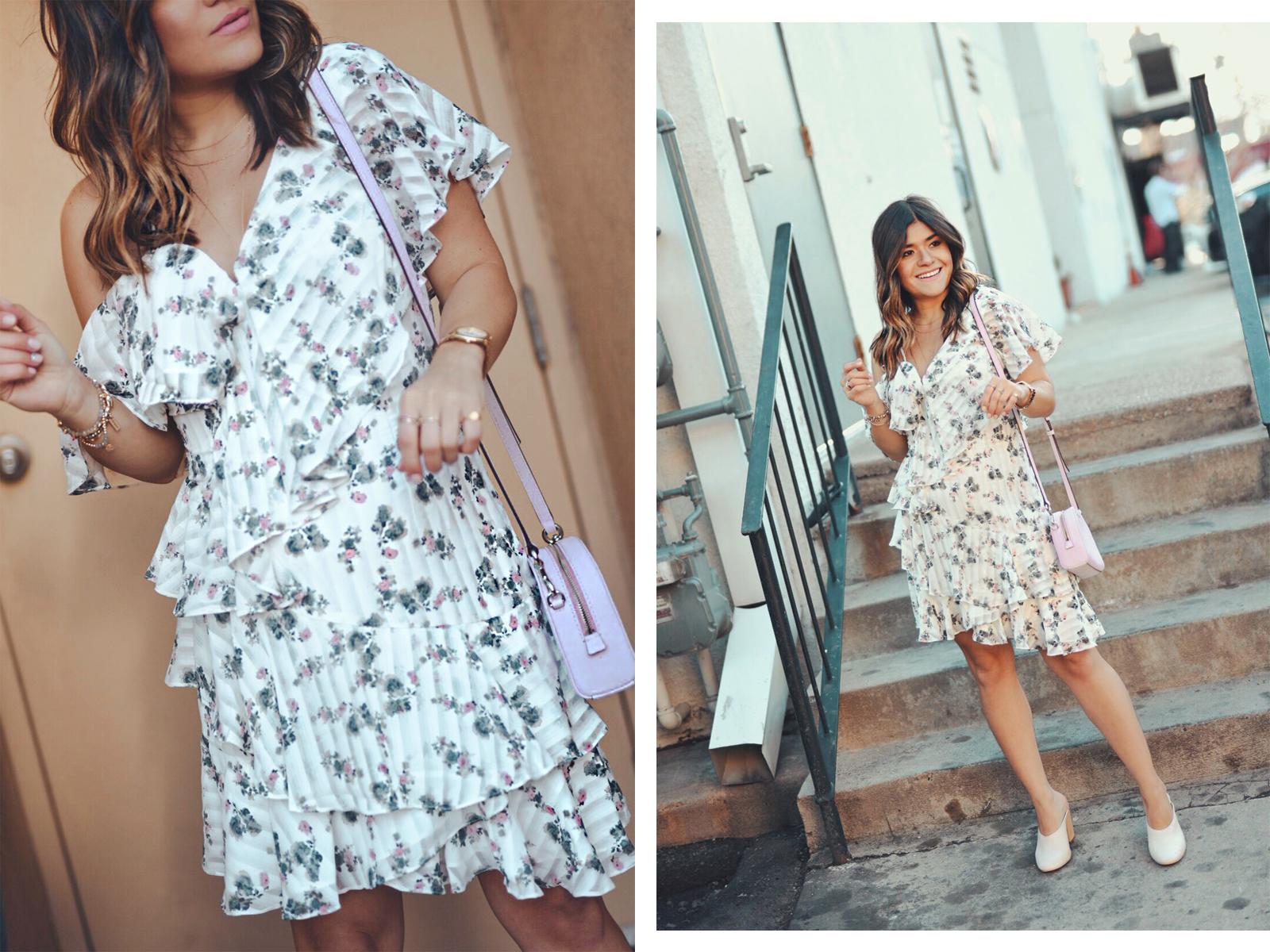 Carolina Hellal of Chic Talk sytling a floral dress via Nordstrom, Dolce Vita white mules, baby pink Marc Jacobs bag and watch and Bauble Bar gold necklace. - THE FLIRTY FLORAL DRESS styled by Denver fashion blogger Chic Talk