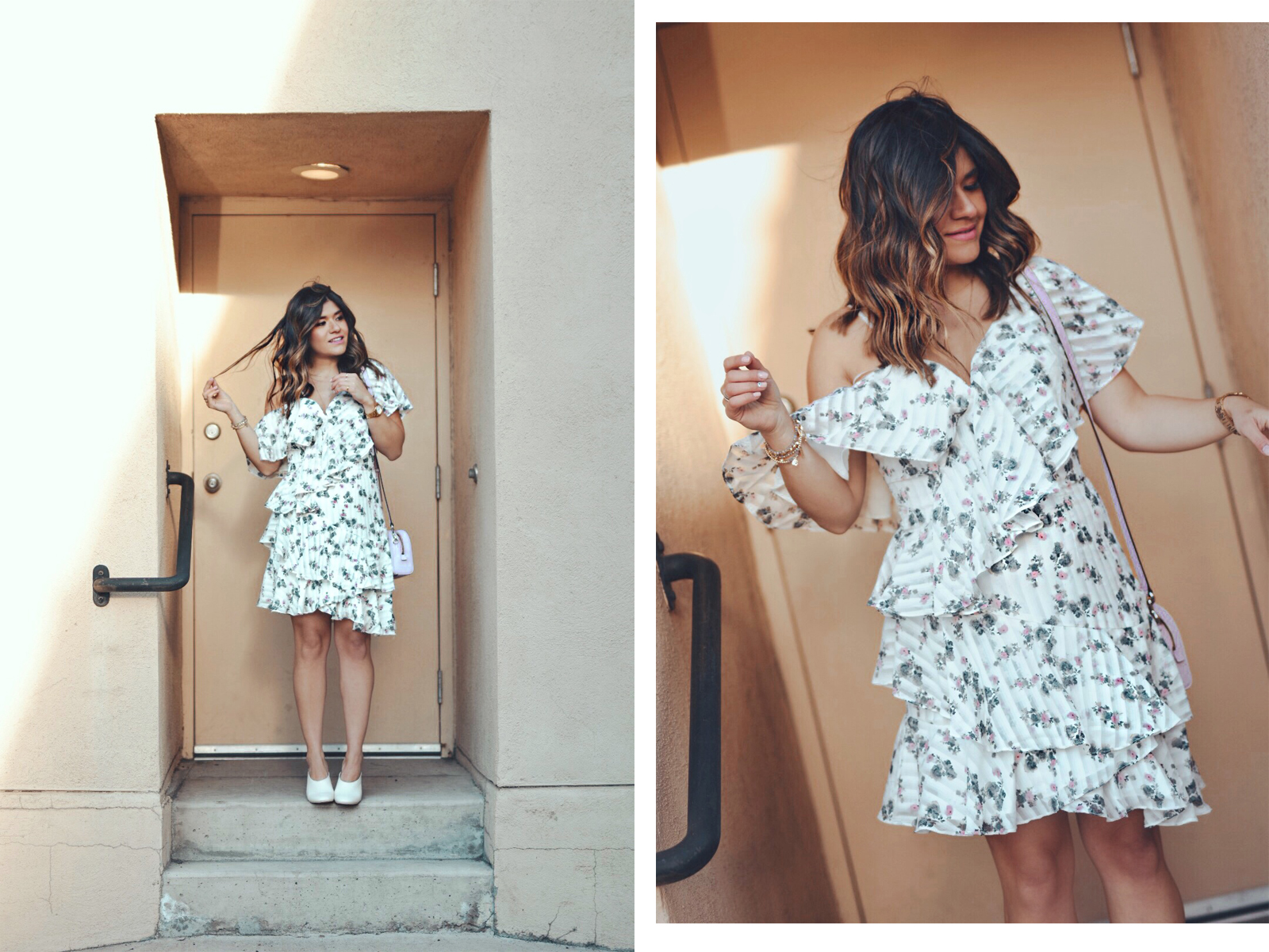Carolina Hellal of Chic Talk sytling a floral dress via Nordstrom, Dolce Vita white mules, baby pink Marc Jacobs bag and watch and Bauble Bar gold necklace. - THE FLIRTY FLORAL DRESS styled by Denver fashion blogger Chic Talk