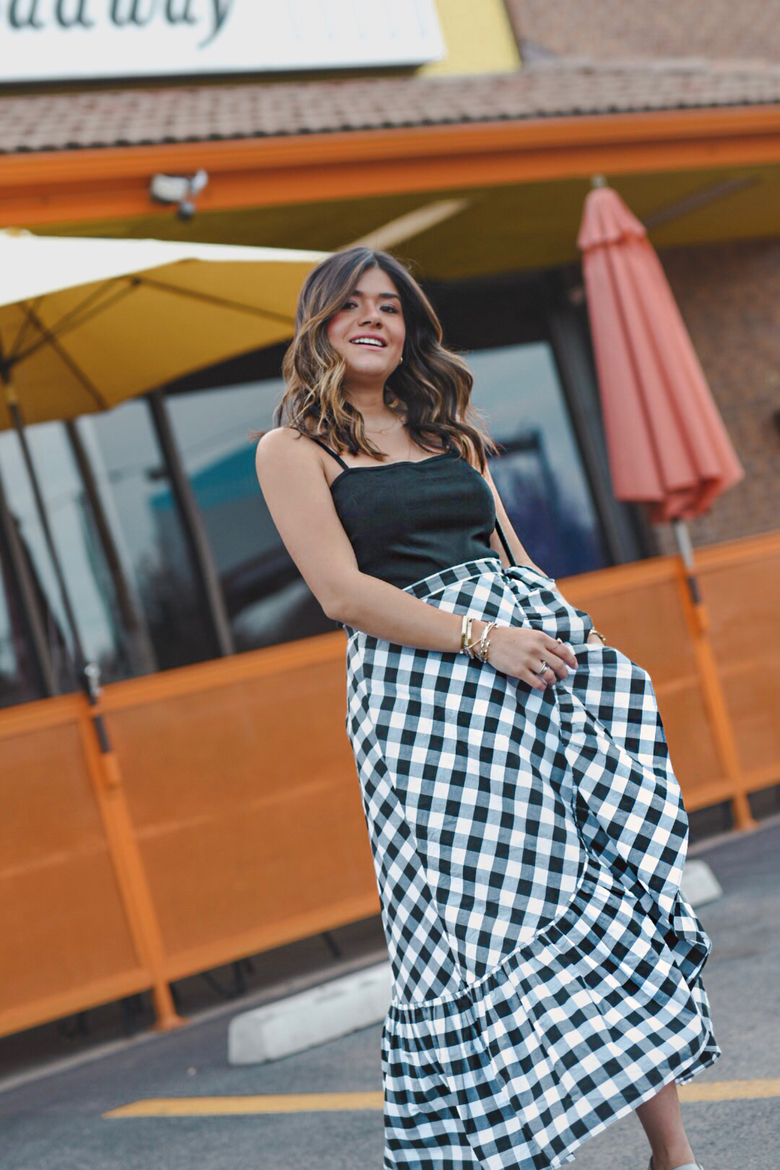 Carolina Hellal wearing Kork-Ease sandals, Jcrew gingham skirt, topshop black tank top and YSL Loulou Monogram XS Calf Leather Crossbody Bag - KORK EASE SANDALS styled by popular Denver fashion blogger Chic Talk 