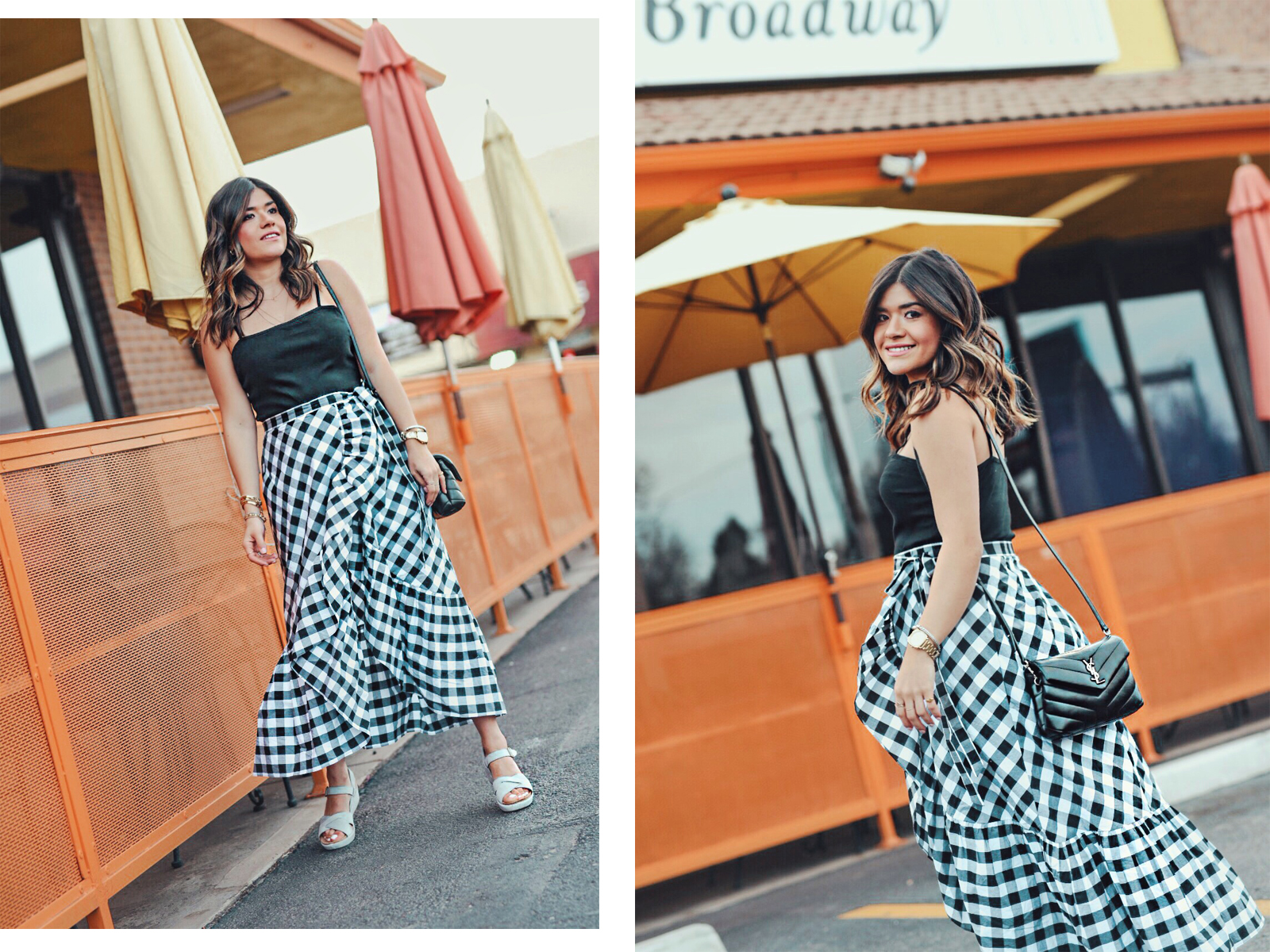 Carolina Hellal wearing Kork-Ease sandals, Jcrew gingham skirt, topshop black tank top and YSL Loulou Monogram XS Calf Leather Crossbody Bag - KORK EASE SANDALS styled by popular Denver fashion blogger Chic Talk  