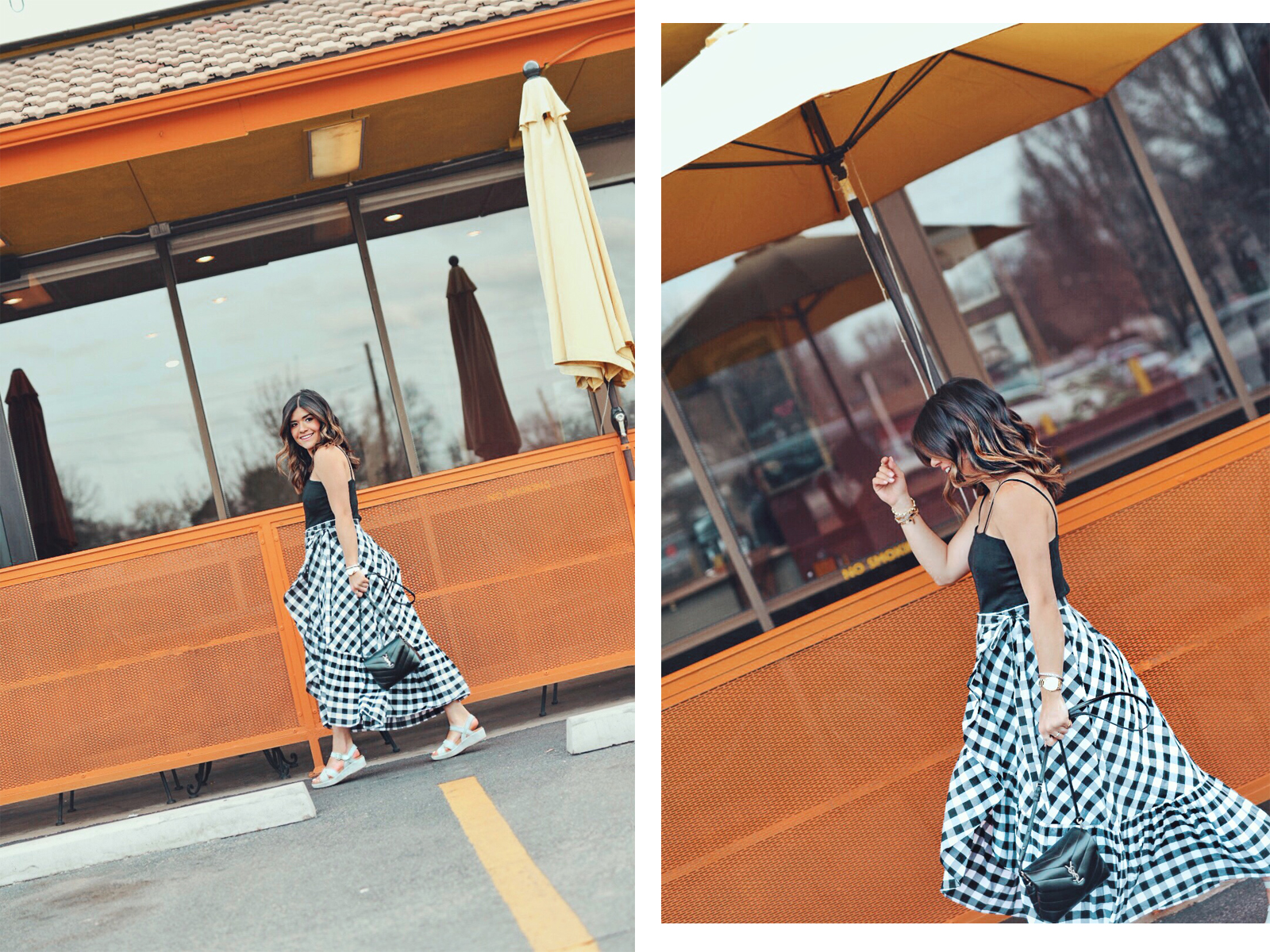 Carolina Hellal wearing Kork-Ease sandals, Jcrew gingham skirt, topshop black tank top and YSL Loulou Monogram XS Calf Leather Crossbody Bag  - KORK EASE SANDALS styled by popular Denver fashion blogger Chic Talk 