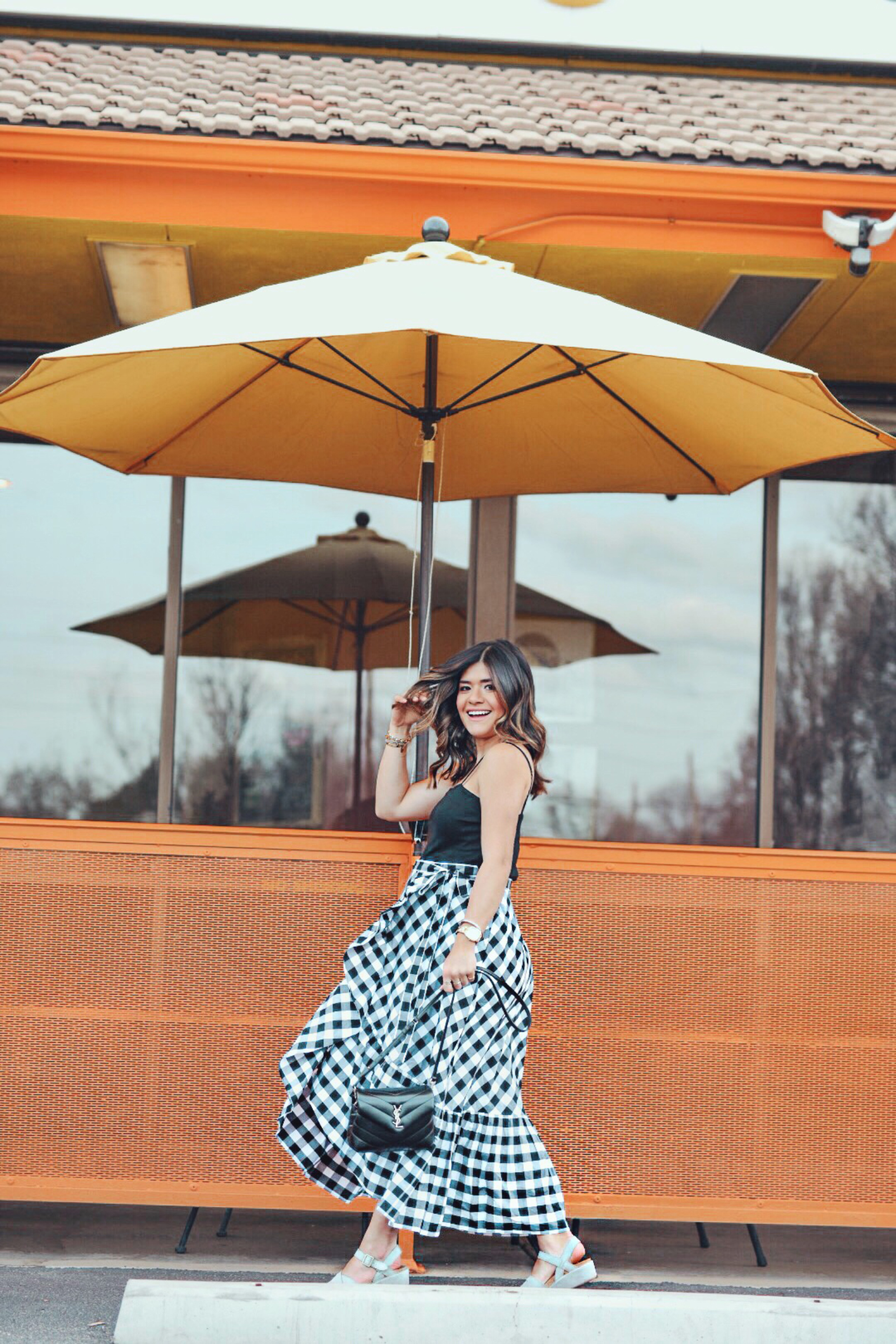 Carolina Hellal wearing Kork-Ease sandals, Jcrew gingham skirt, topshop black tank top and YSL Loulou Monogram XS Calf Leather Crossbody Bag - KORK EASE SANDALS styled by popular Denver fashion blogger Chic Talk 
