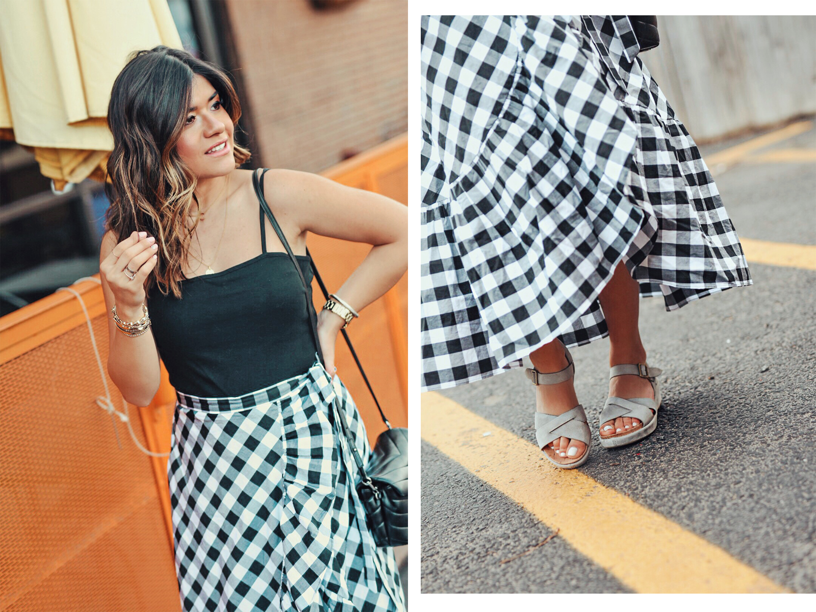 Carolina Hellal wearing Kork-Ease sandals, Jcrew gingham skirt, topshop black tank top and YSL Loulou Monogram XS Calf Leather Crossbody Bag - KORK EASE SANDALS styled by popular Denver fashion blogger Chic Talk 