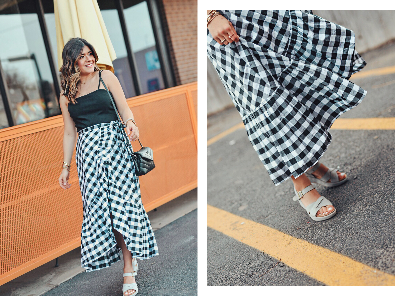 Carolina Hellal wearing Kork-Ease sandals, Jcrew gingham skirt, topshop black tank top and YSL Loulou Monogram XS Calf Leather Crossbody Bag - KORK EASE SANDALS styled by popular Denver fashion blogger Chic Talk 