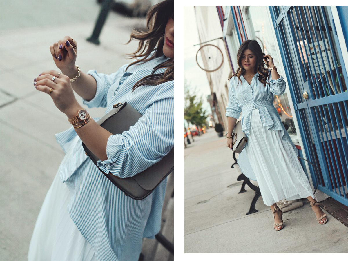 Carolina Hellal of Chic Talk wearing a Chicwish striped long top, a white midi skirt, and Vince Camuto sandals.