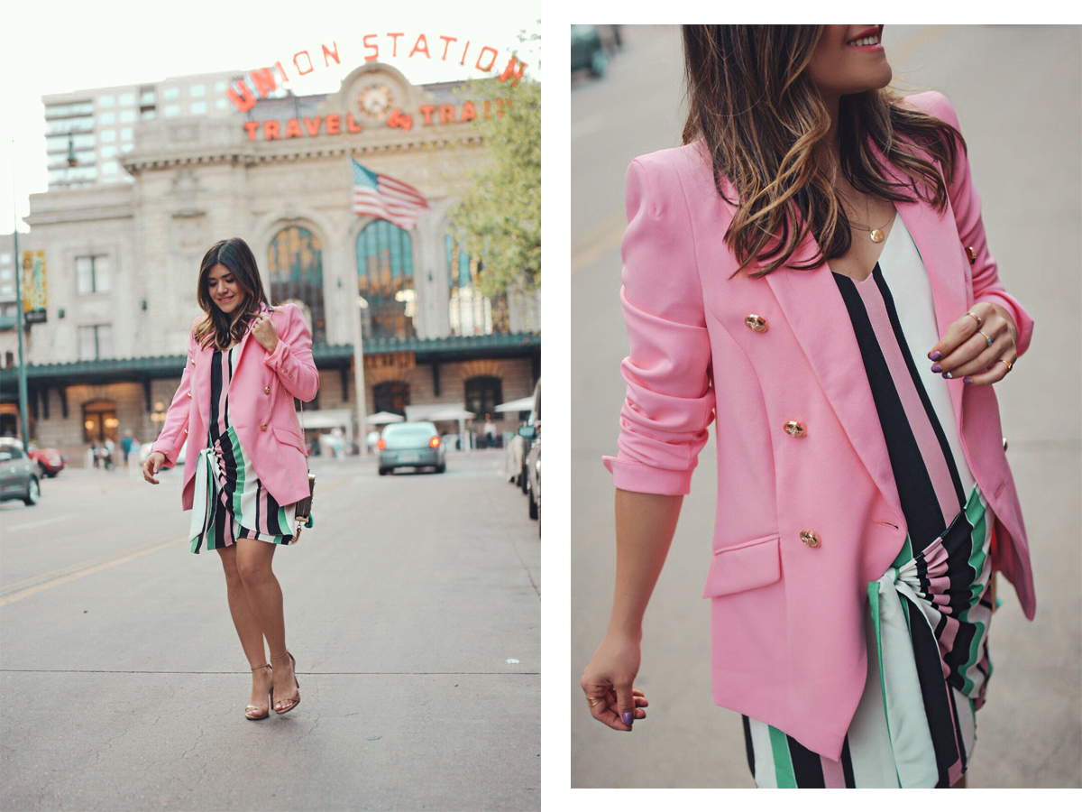 Carolina Hellal of Chic Talk wearing a River Island prink blazer, striped dress and green embellished clutch - THE ULTIMATE SPRING SHOPPING GUIDE by popular Denver fashion blogger, Chic Talk