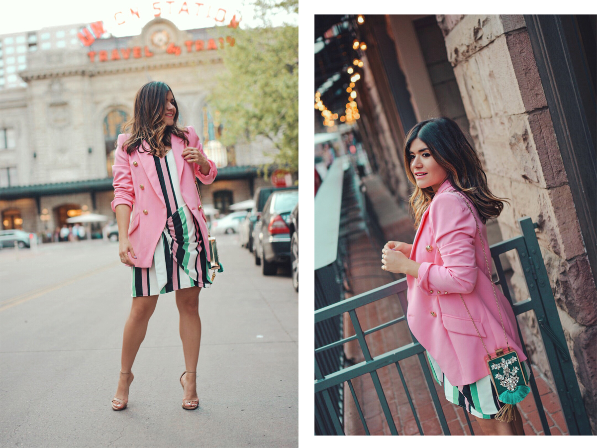 Carolina Hellal of Chic Talk wearing a River Island prink blazer, striped dress and green embellished clutch - THE ULTIMATE SPRING SHOPPING GUIDE by popular Denver fashion blogger, Chic Talk